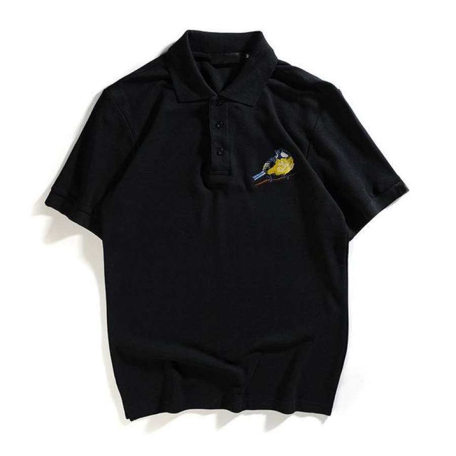 Bird Embroidery Polo Shirts Men Summer Turn-down Collar Men’s Shirt Short Sleeve Polo Shirts Cotton Black White