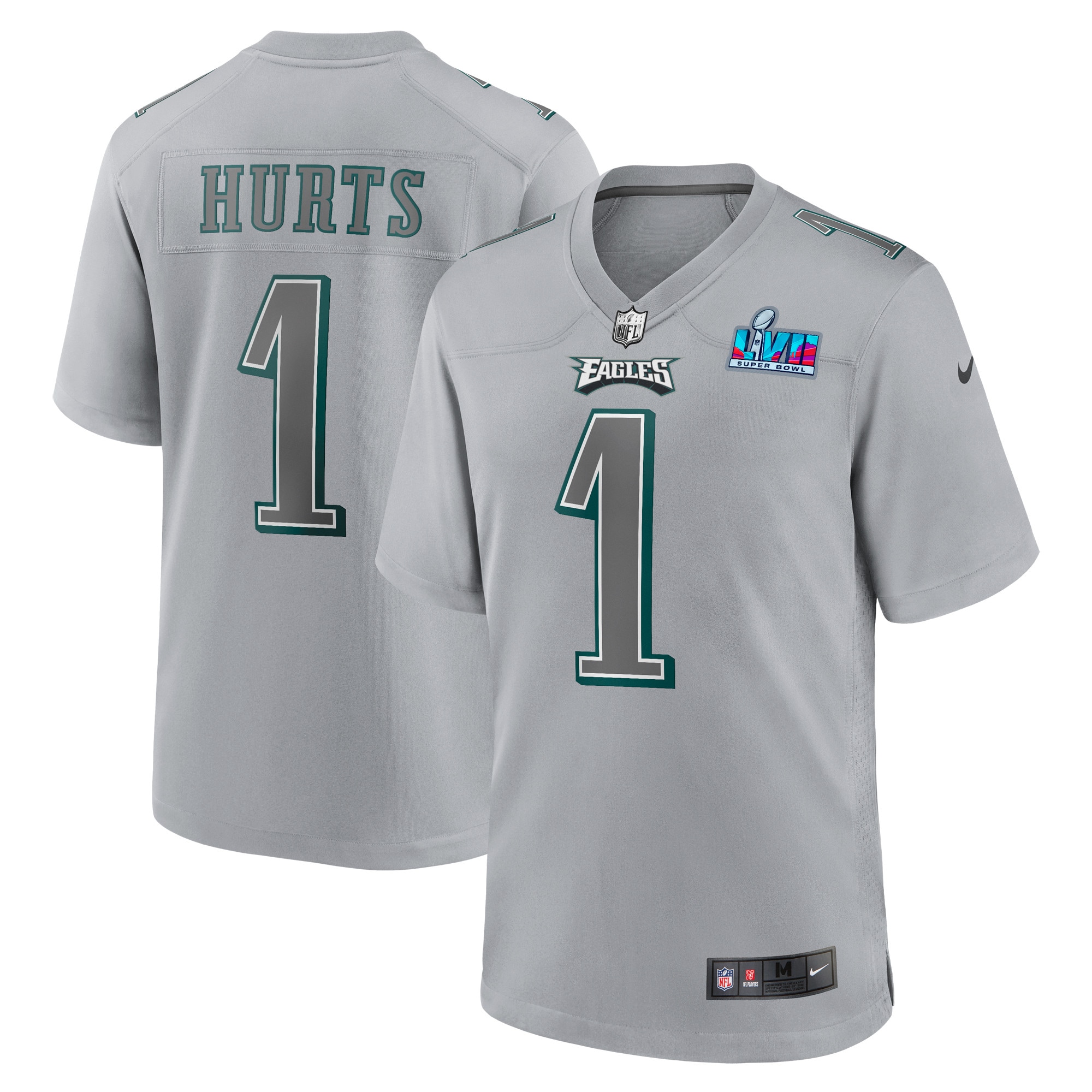 Youth Philadelphia Eagles Jalen Hurts Gray Super Bowl LVII Patch Atmosphere Fashion Game Jersey