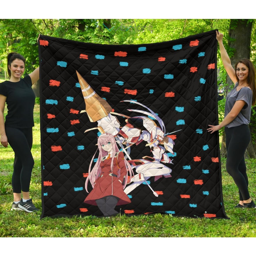 Darling In The Franxx Anime Premium Quilt | Zero Two With Darling Strelitzia Blue And Red Patterns Quilt Blanket Na082604