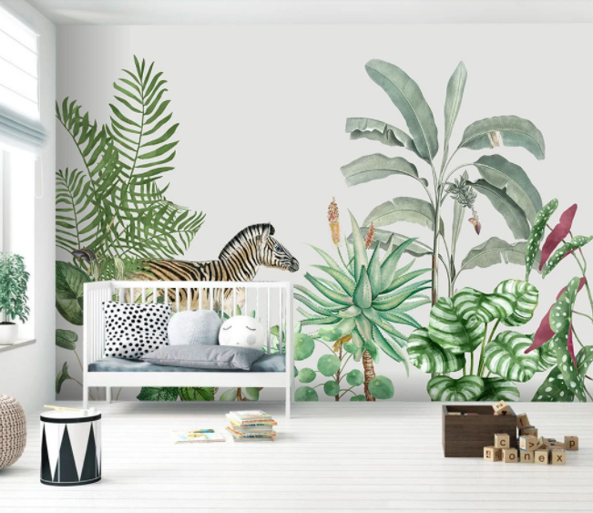 3D Hand Drawn Green Leaves Plant Zebra Animal Wall Mural Wallpaper Lxl