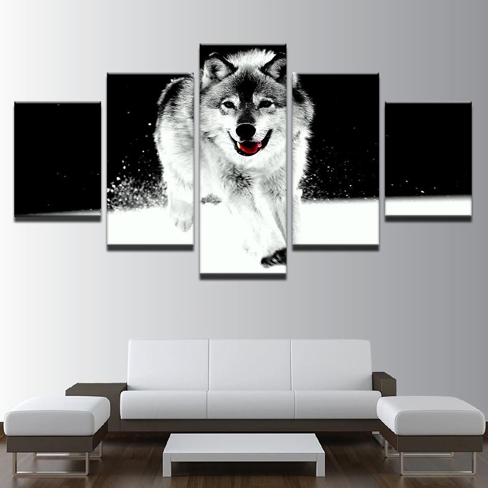 Snow Wolf Running Animal 5 Panel Canvas Art Wall Decor