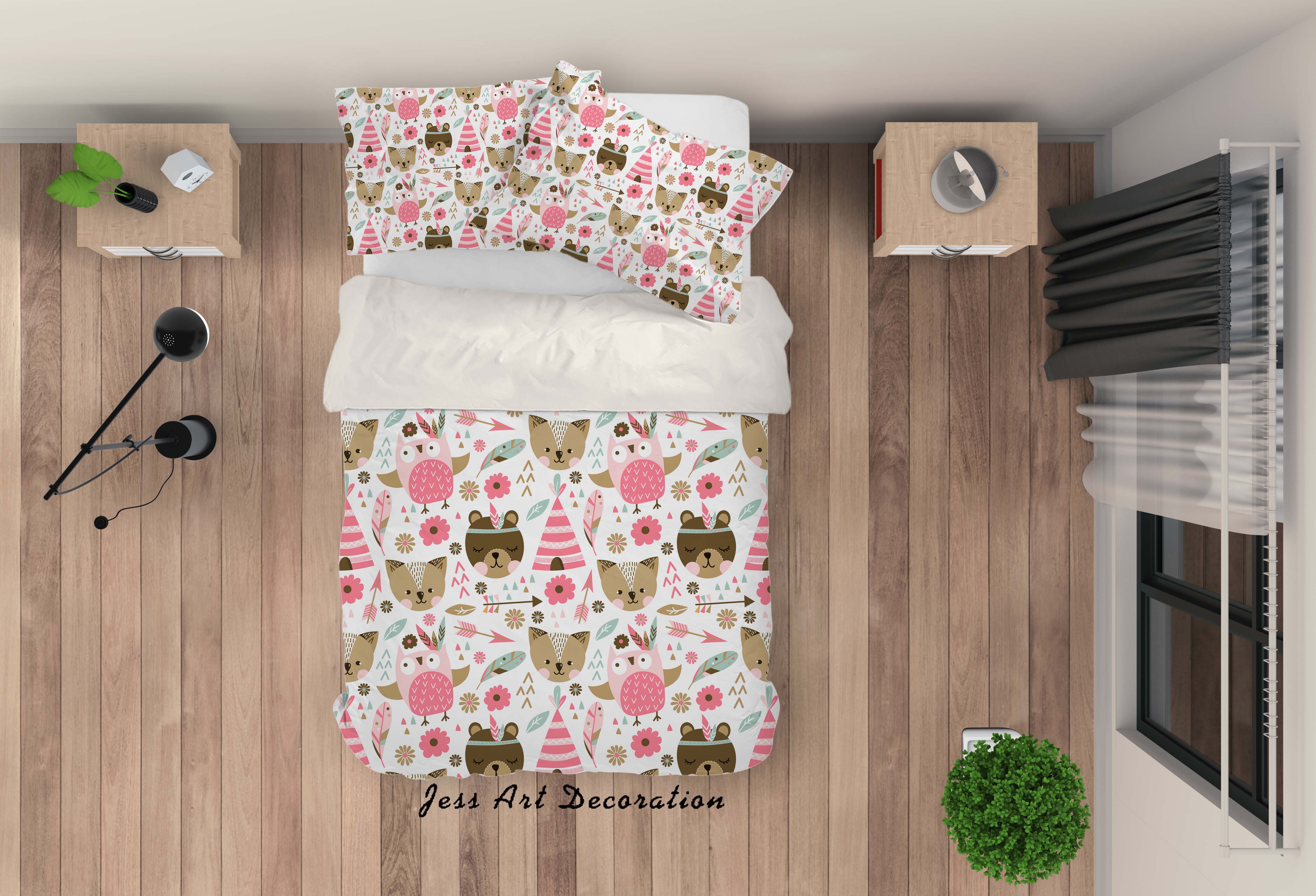 3D Cartoon Owl Bear Floral Animal Quilt Cover Set Bedding Set Duvet Cover Pillowcases Lxl