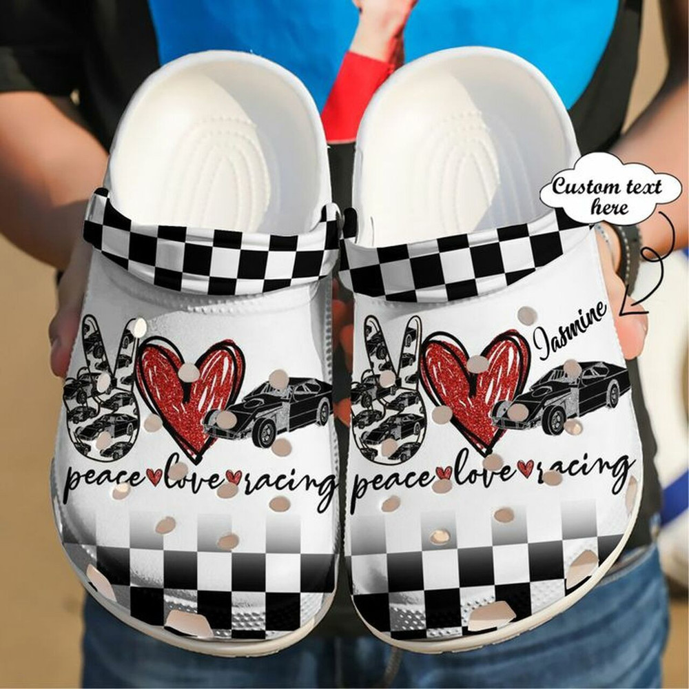 Racing Personalized Peace Love 102 Gift For Fan Classic Water Rubber Crocs Clog Shoes Comfy Footwear