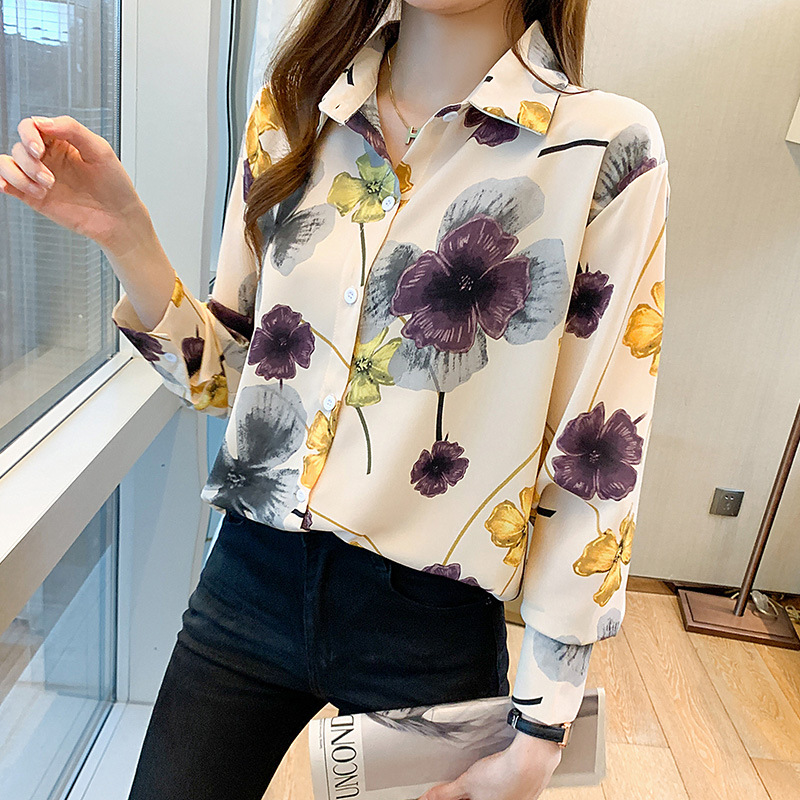 2021 Women’s New Korean Large Long Sleeved Shirt High-end Wide Lady Broken Flower Loose Lady’s Top Chiffon Blouses alx