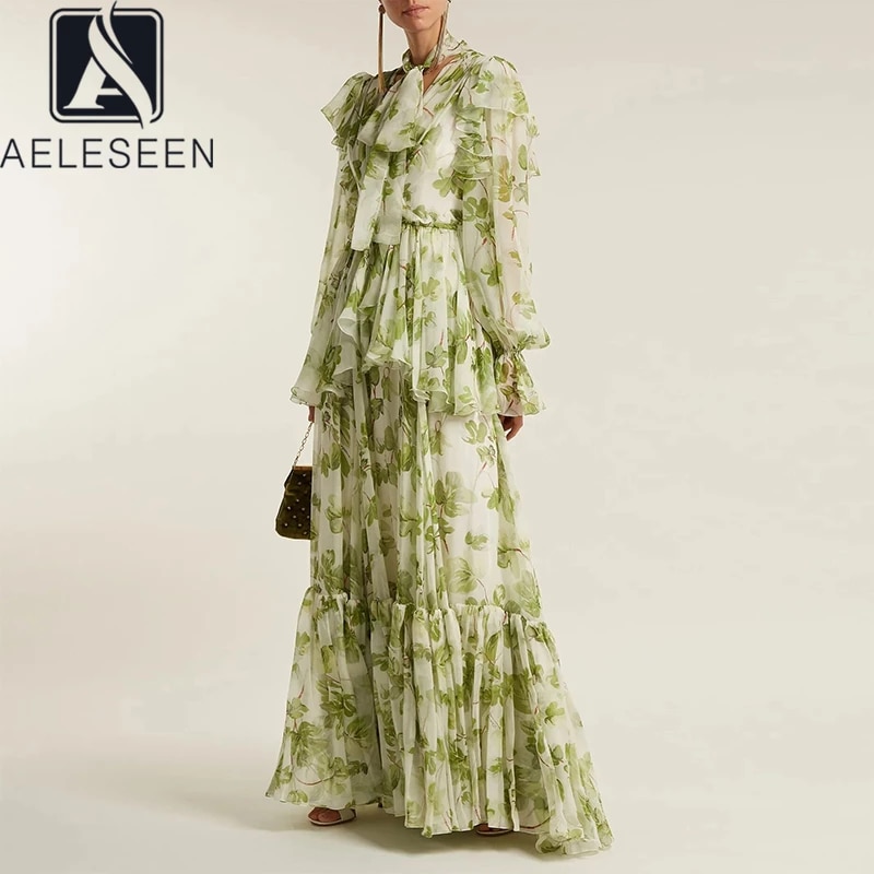 AELESEEN Runway Fashion Women Dress Designer New Ruffles Green Flower Print Lantern Sleeve Cascading Maxi Party Elegant Dresses alx