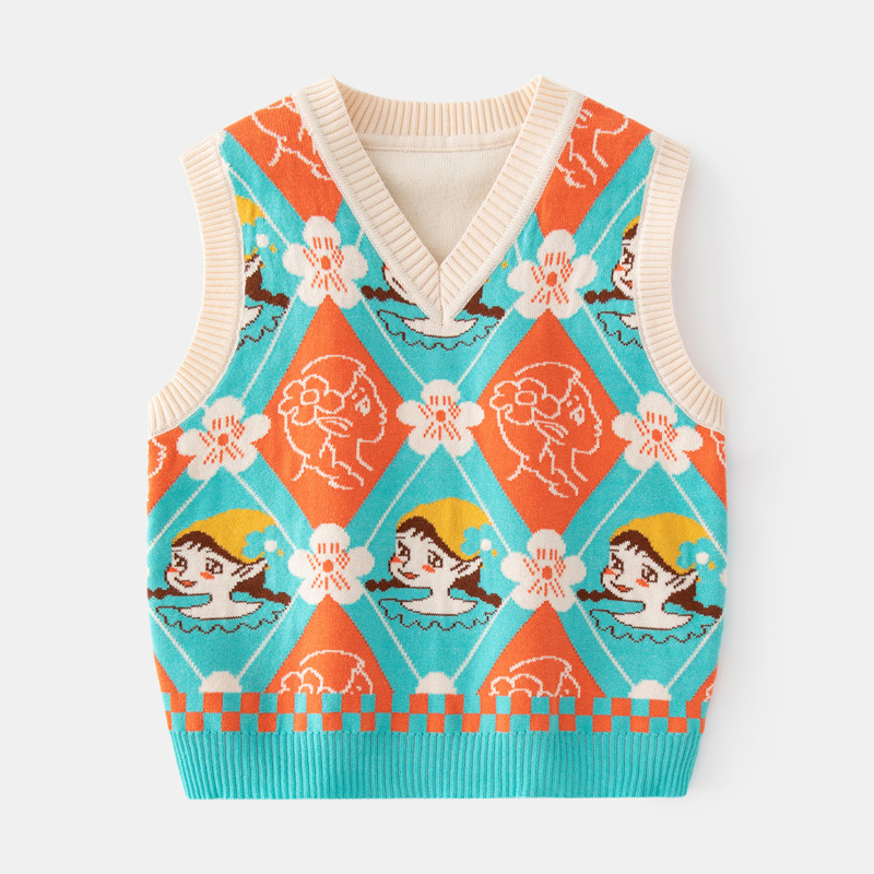 Baby Girls Sweater Vest 2022 Spring Autumn Children’s Vest Knit Toddler Pullover Floral Sleeveless Baby Boy Clothes 2-7y V-Neck alx