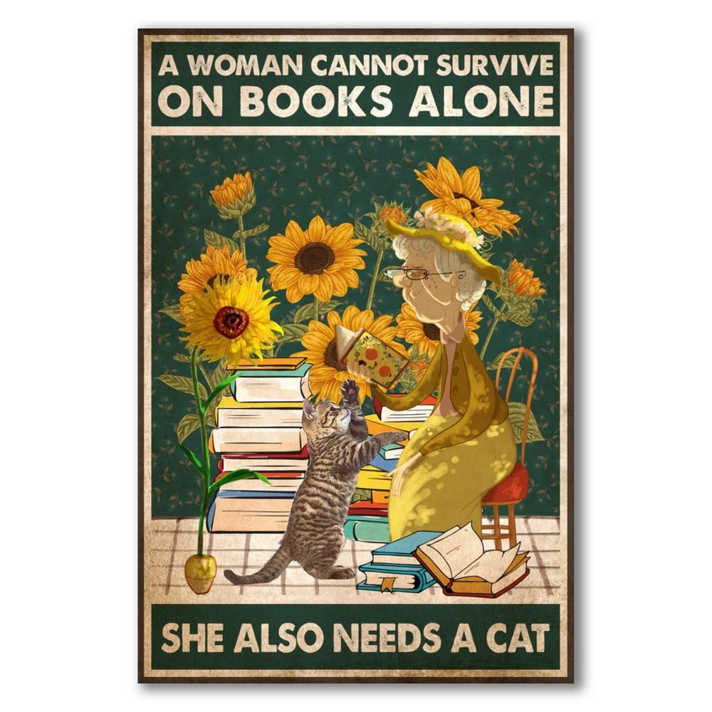 A Woman Cannot Survive On Books Alone She Also Needs A Cat Canvas And Poster, Canvas Prints, My Poster Wall, Canvas Wall Art, Wall Decor Visual Art, Halloween Gift, Happy Halloween