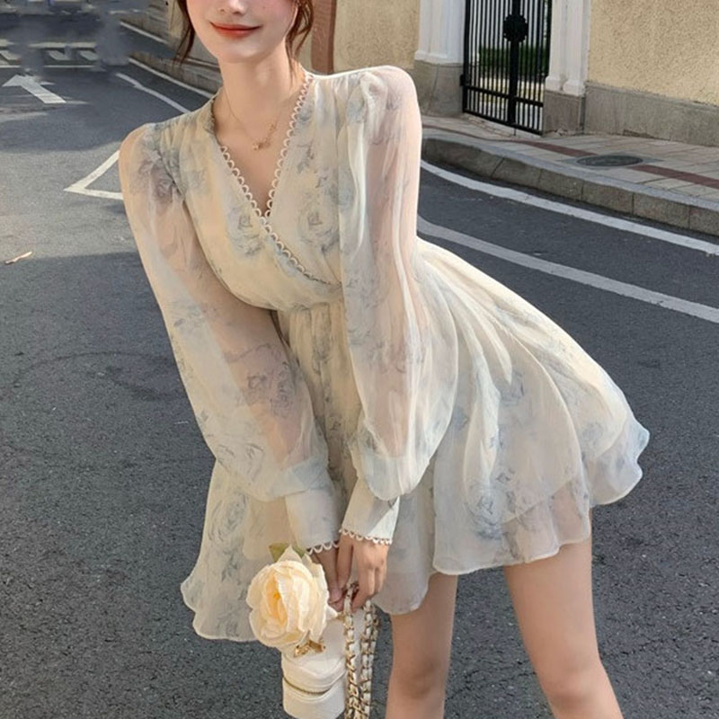 2022AutumnFloral Mini Dress Office Lady newThin V-Neck Chiffon Elegant Vintage Dress Female Evening Party One Piece Korean alx