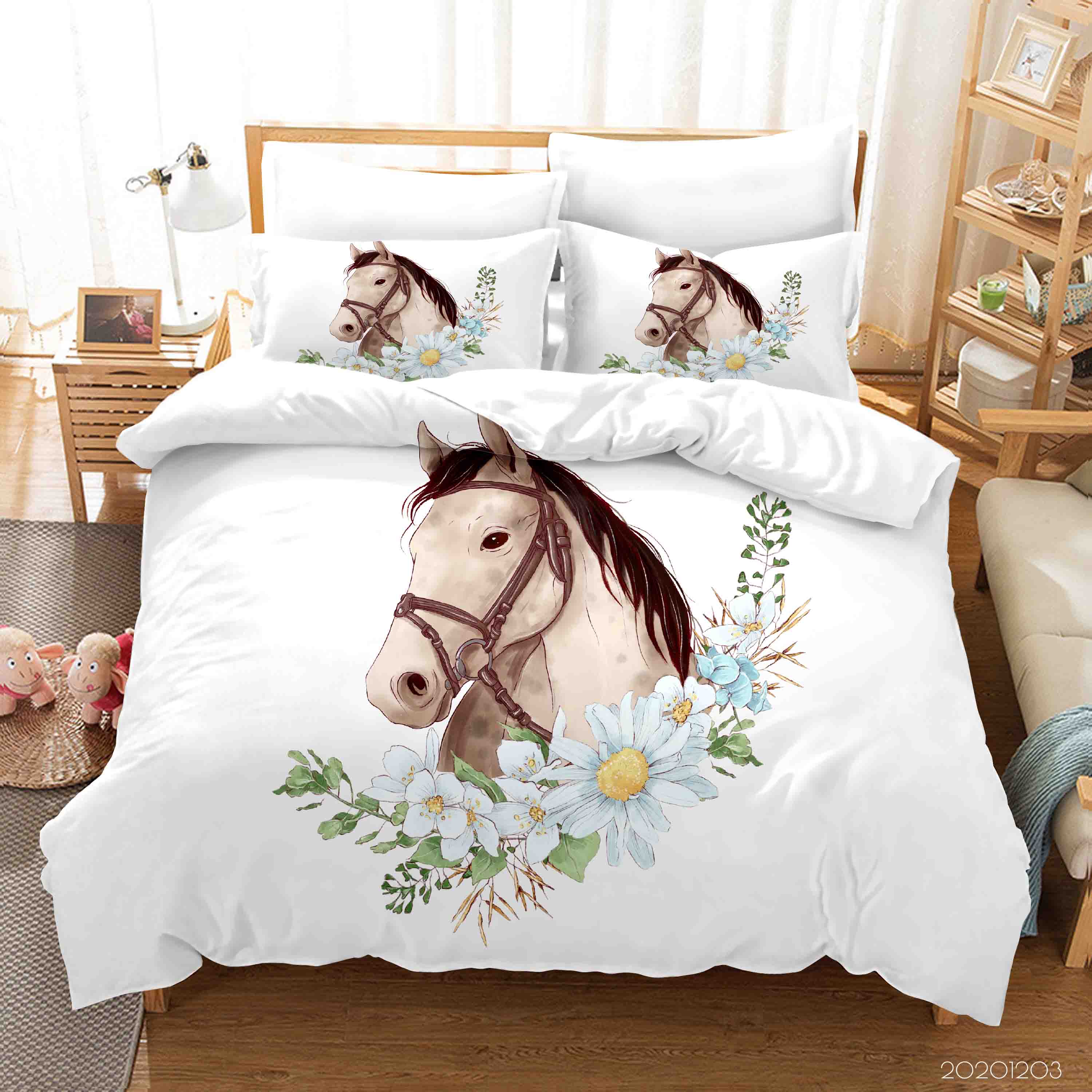 3D Hand Drawn Fine Art Horse Animal White Floral Plant Quilt Cover Set Bedding Set Duvet Cover Pillowcases Lxl