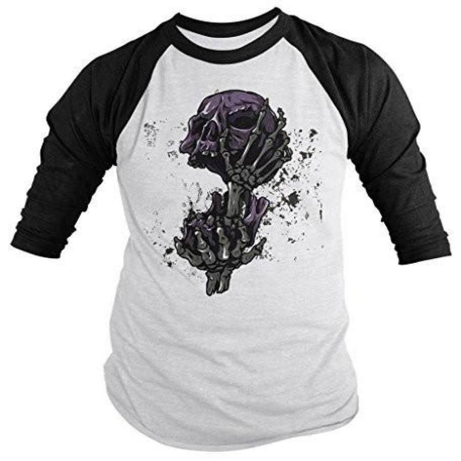Shirts By Sarah Men’s Skull Shirts Grunge Halloween 3/4 Sleeve Raglan Shirts