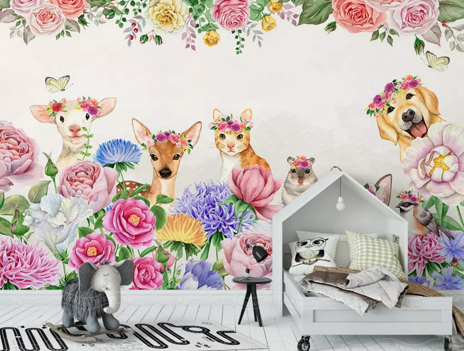 3D Colorful Flowers Animals Watercolor Wall Mural Wallpaper 104