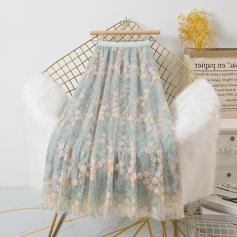 Vintage Embroidery Tulle Skirt Women Spring Flower Elastic High Waist Pleated Midi Skirt Korean Style Elegant A-line Mujer Falda alx