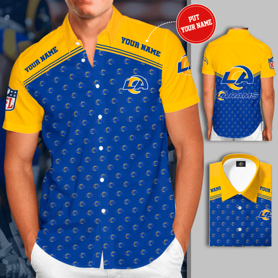 Personalized Los Angeles Rams All Over Print 3D Short Sleeve Dress Shirt Hawaiian Summer Aloha Beach Shirt – Neon Blue Yellow-Tph