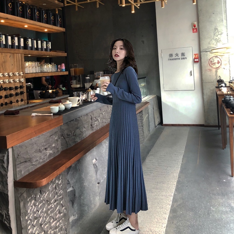 Sweater Women Pleated Dress Autumn Winter Long Dresses Women Long Sleeve Knitted Maxi Dress alx