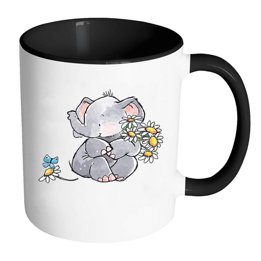 Watercolor Cute Baby Elephant With Butterfly and Flowers – Full-Wrap Coffee Colors Accent Mug