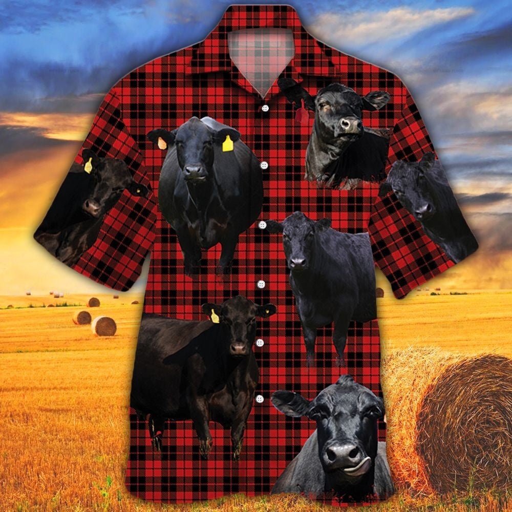 Black Angus Cattle Lovers Red Tartan Pattern Hawaii Shirt Ha79568