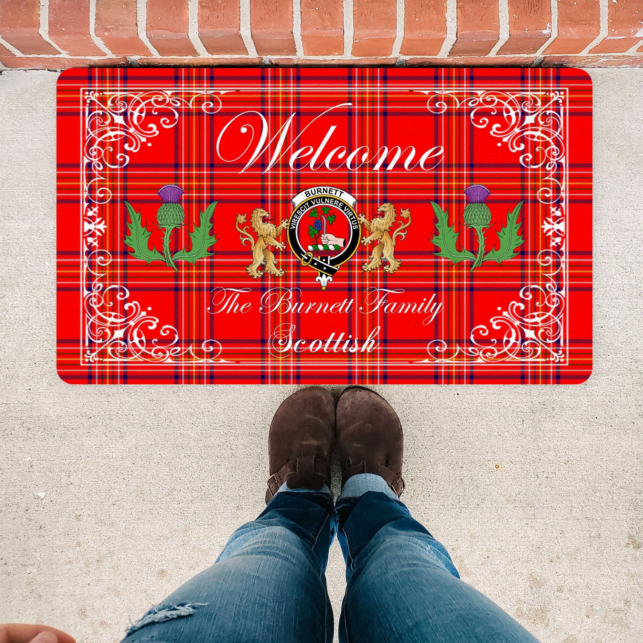 Scotstee Shop Tartan Door Mats Clan Burnett Modern Badge Tartan Thistle And Two Lion Scottish Plaid Doormat, Christmas Door Mat Gift