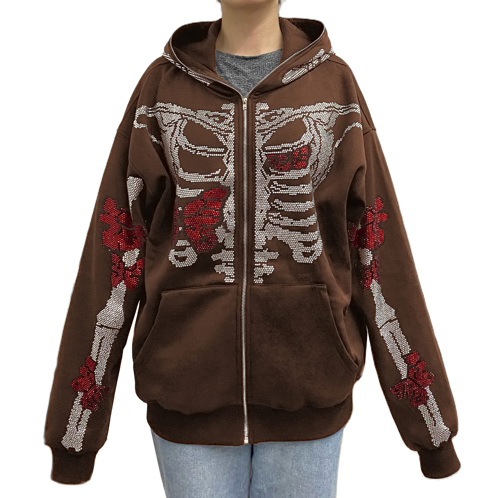 Women s Rhinestone Skeleton Hoodie Goth Zip Up Sweatshirts Casual Oversized Hooded Long Sleeve Aesthetic Pullover Jackets Tops alx