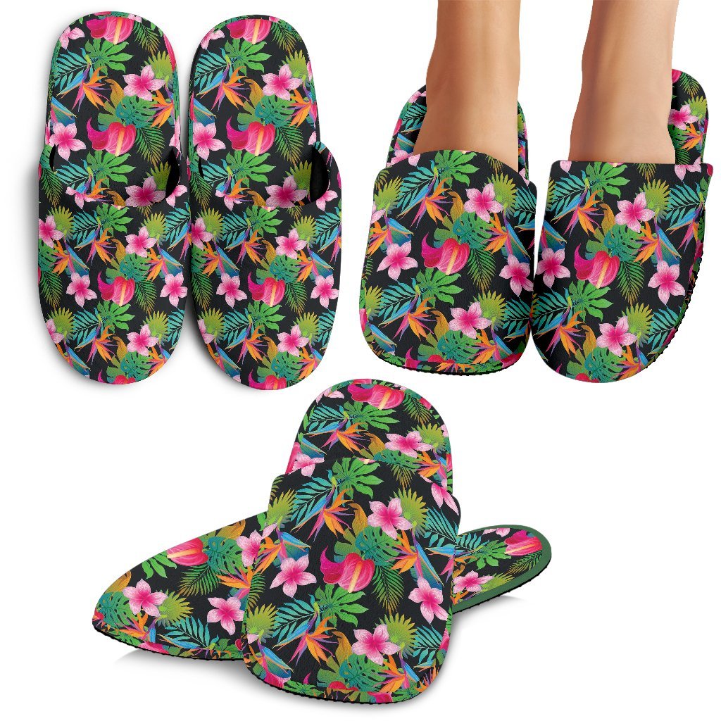 Floral Tropical Hawaii Flower Hibiscus Palm Leaves Pattern Print Premium Home Slippers Ha83000