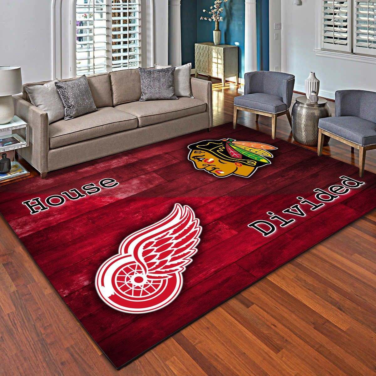 Chicago Blackhawks, Detroit Red Wings Rugs, Customized House Divided Carpet