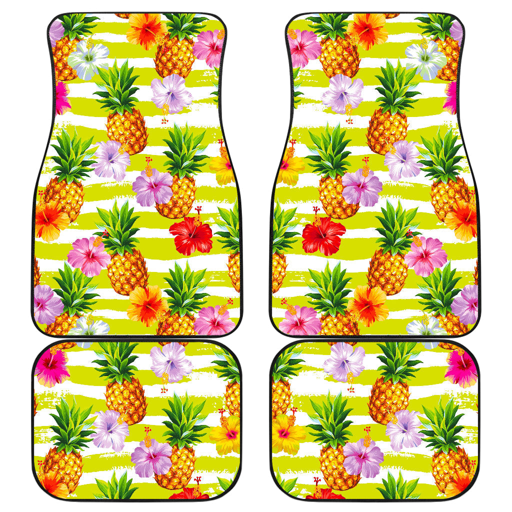 Yellow Striped Pineapple Pattern Print Front And Back Car Floor Mats, Front Car Mat