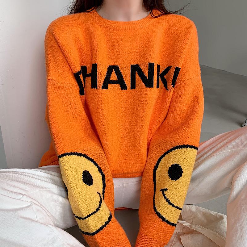 Smiling Face Sweater Female Loose And Thin Pullover Round Neck Lazy Style Versatile Knitted Orange Top Spring alx