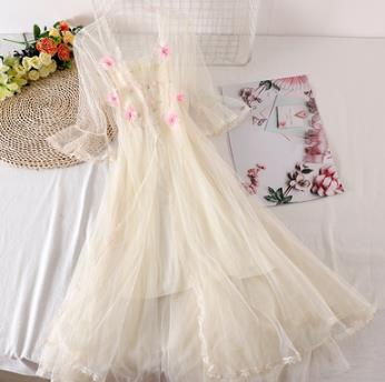 Two-piece Autumn Women Flare Sleeve Tie Bow Lace Cardigan Dress Ladies Sweet Long Flowers Spaghetti Strap Mesh Dresses Vestidos alx