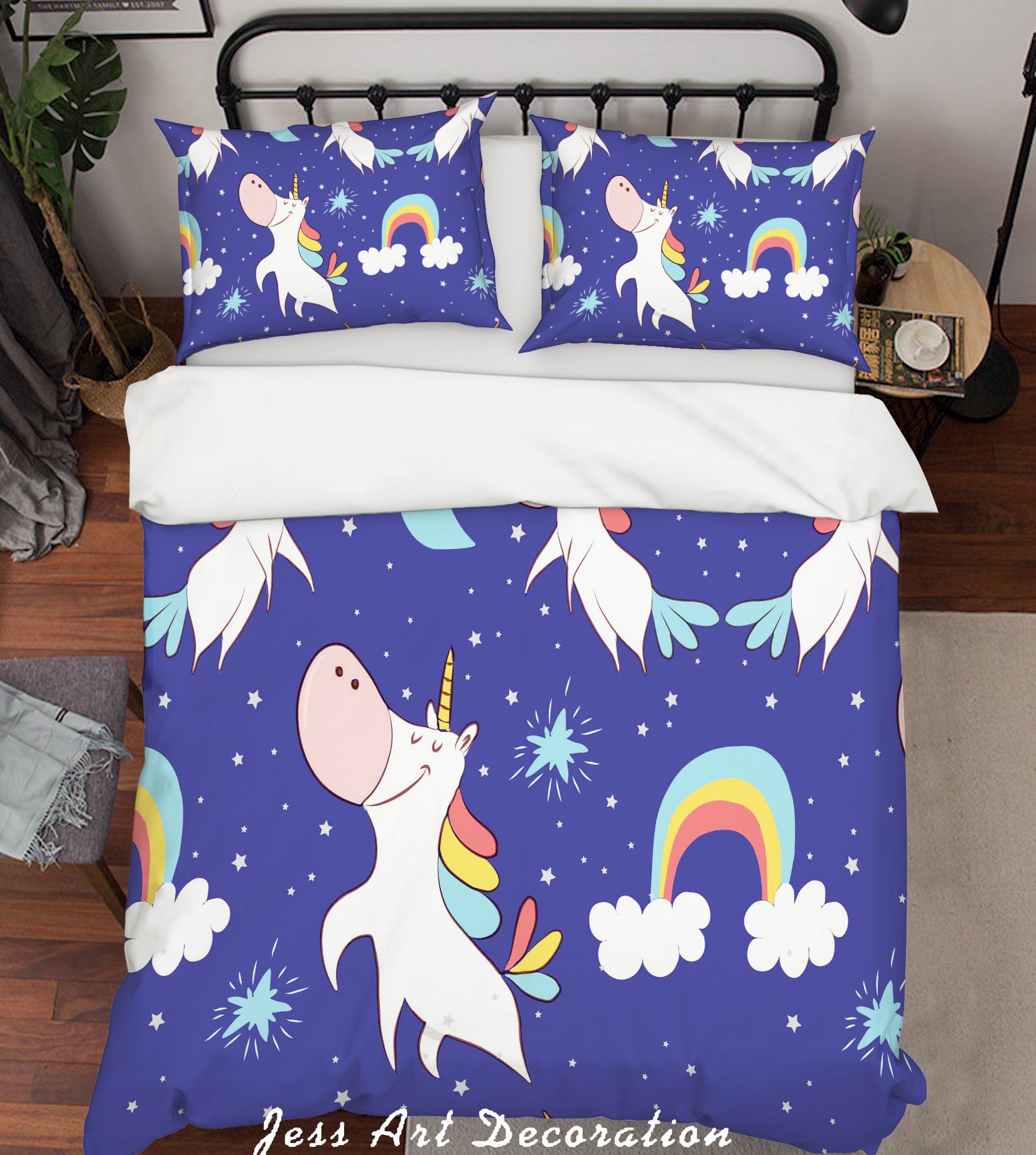 3D Blue Unicorn Rainbow Star Quilt Cover Set Bedding Set Pillowcases 76