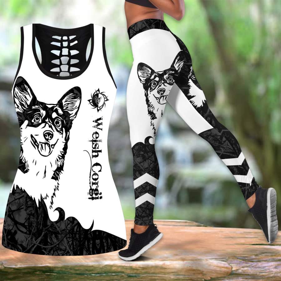 Welsh Corgi black tattoos legging + hollow tank combo DD09172001S