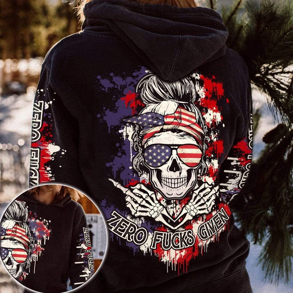 Skull girl American Flag Zero F*cks Given Pain Hoodie 3D All over print #V