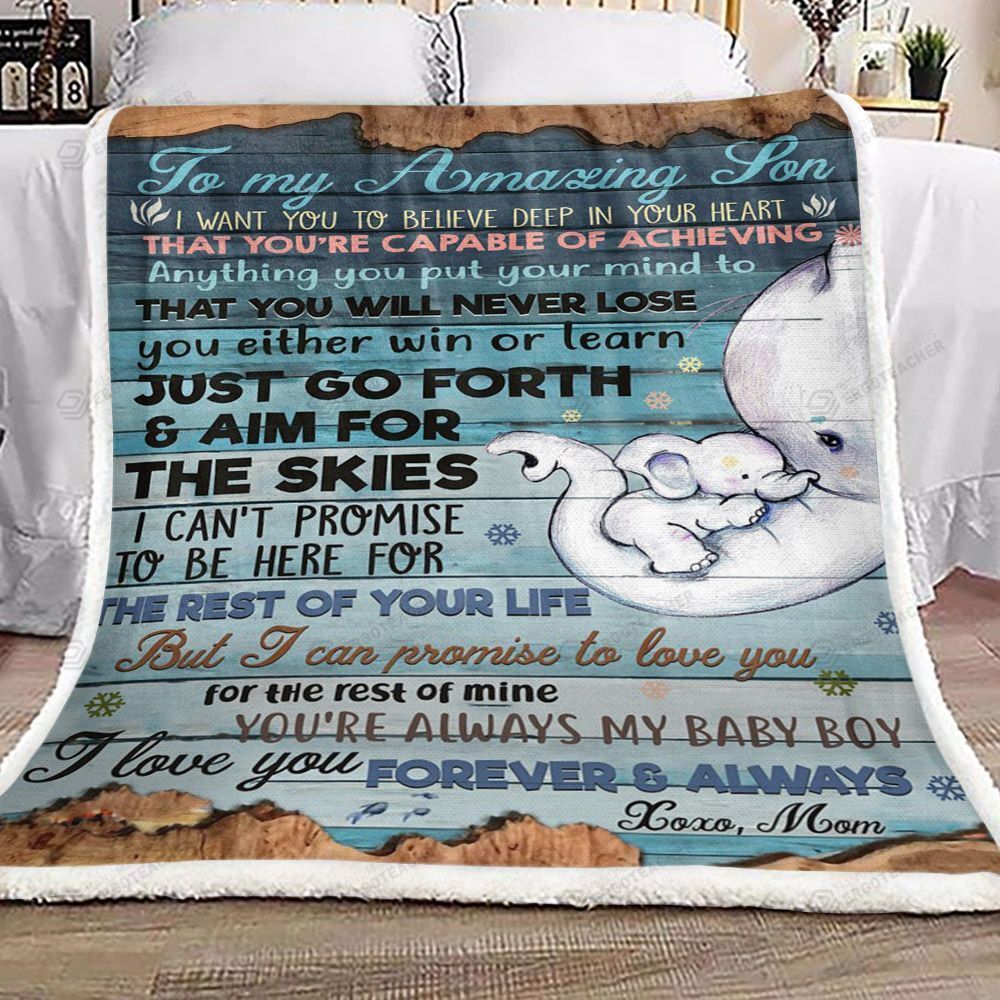 Personalized Elephant To My Amazing Son From Mom Sherpa Fleece Blanket Just Go Forth And Aim For Skies Great Customized Blanket Gifts For Birthday Christmas Thanksgiving