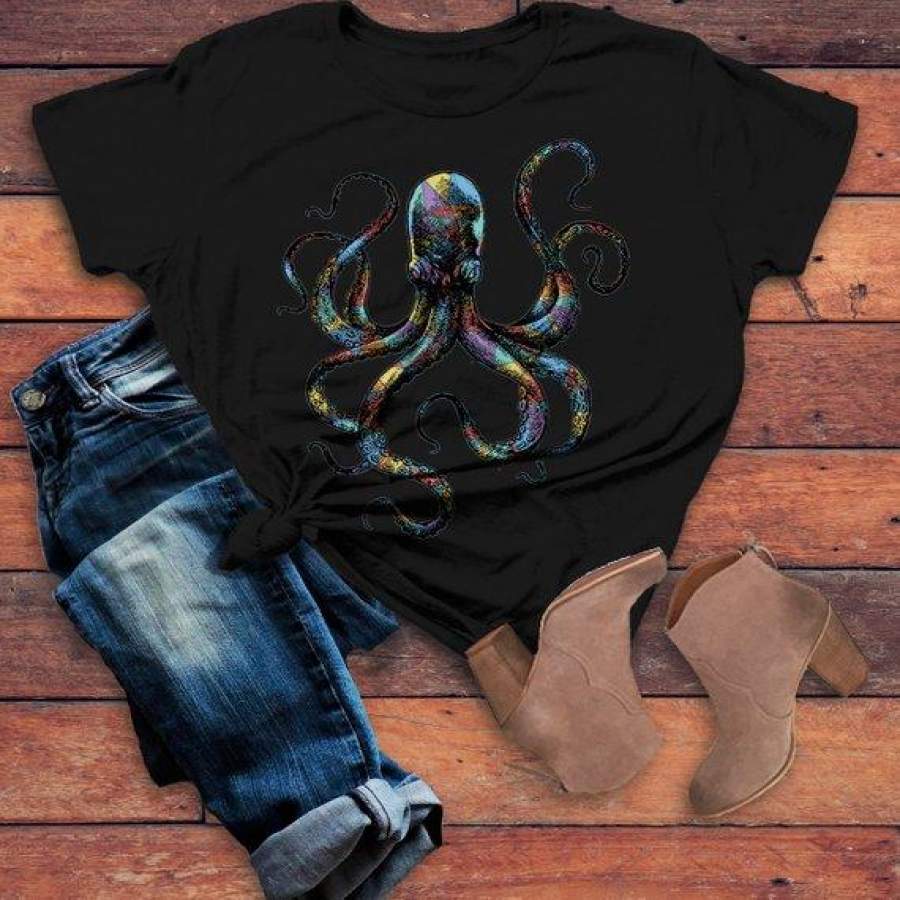 Women’s Octopus T Shirt Hand Drawn Vintage Hipster Shirts Octopus Geometric Graphic Tee