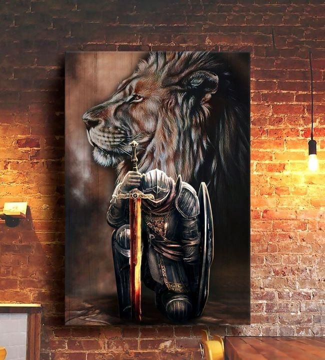 Warrior kneel behind lion poster canvas poster canvas