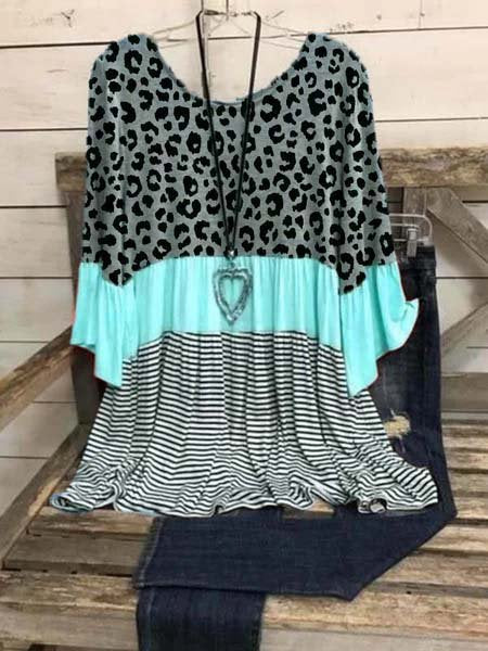 Casual Cotton-Blend 3/4 Sleeve Leopard-Print Shirts & Tops