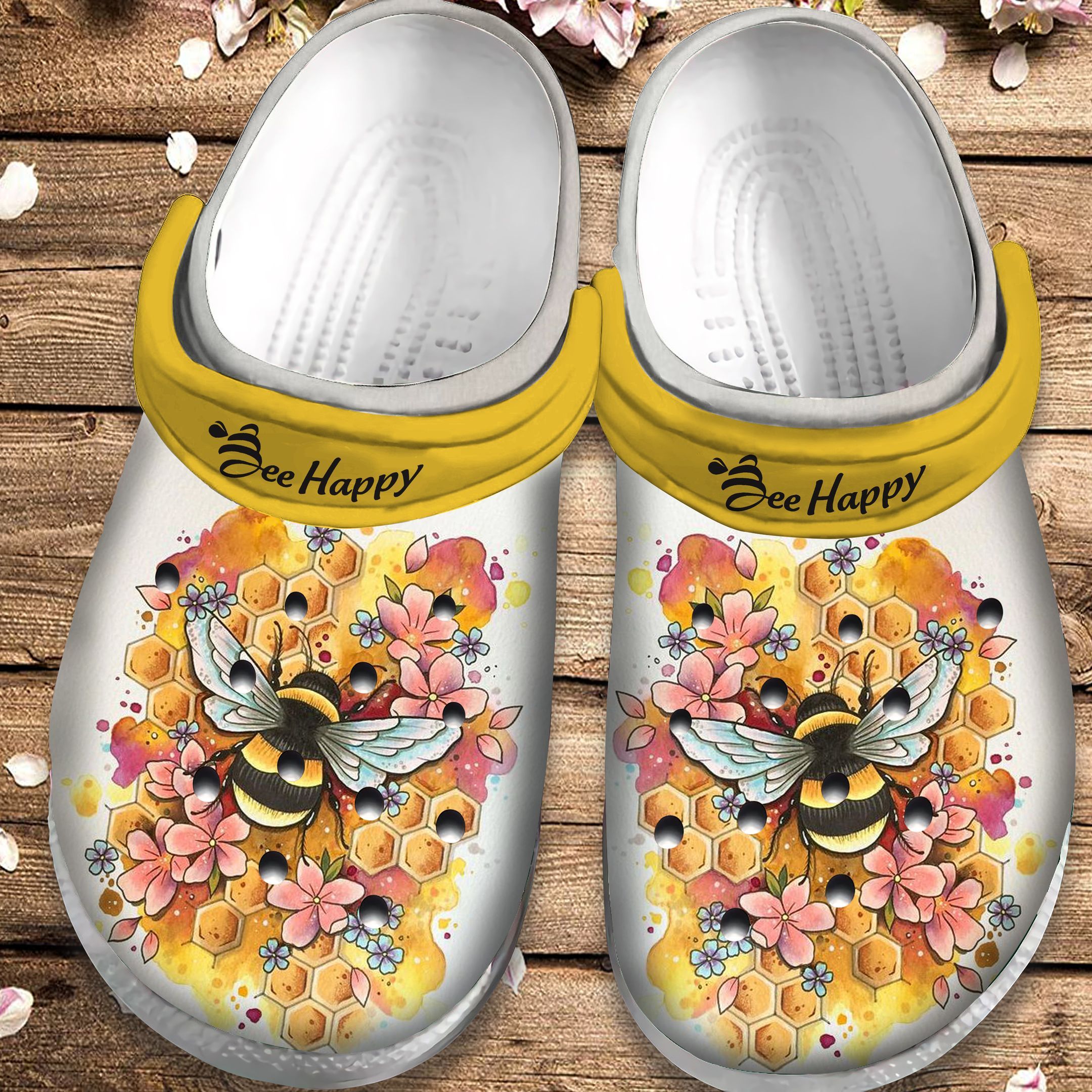 Bee Happy Shoes – Flower Honey Crocs Crocbland Clog Gift For Woman Girl Mother Daughter