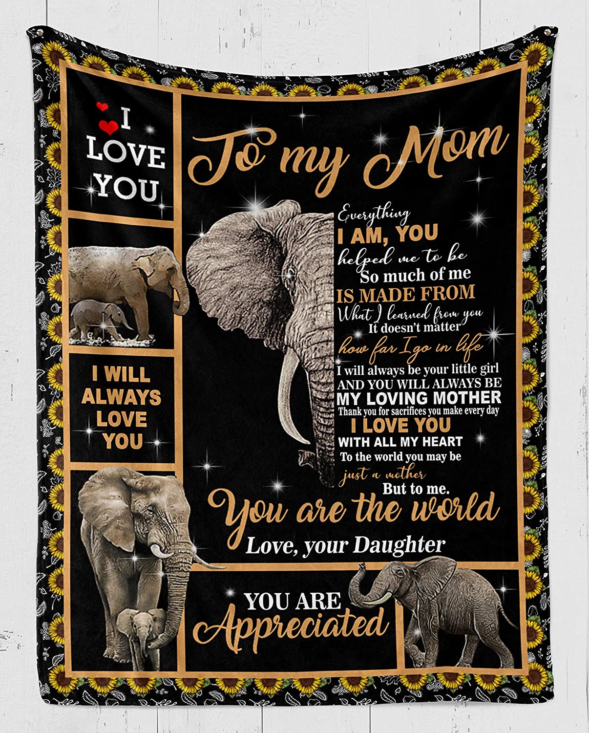 Elephant Blanket – to My mom – I Will Alway Love You Fleece Blanket – Fleece Blanket 3D Soft Cozy Lightweight Durable Plush Throw Blanket for Bedroom Living Rooms Sofa Couch, Gift for mom