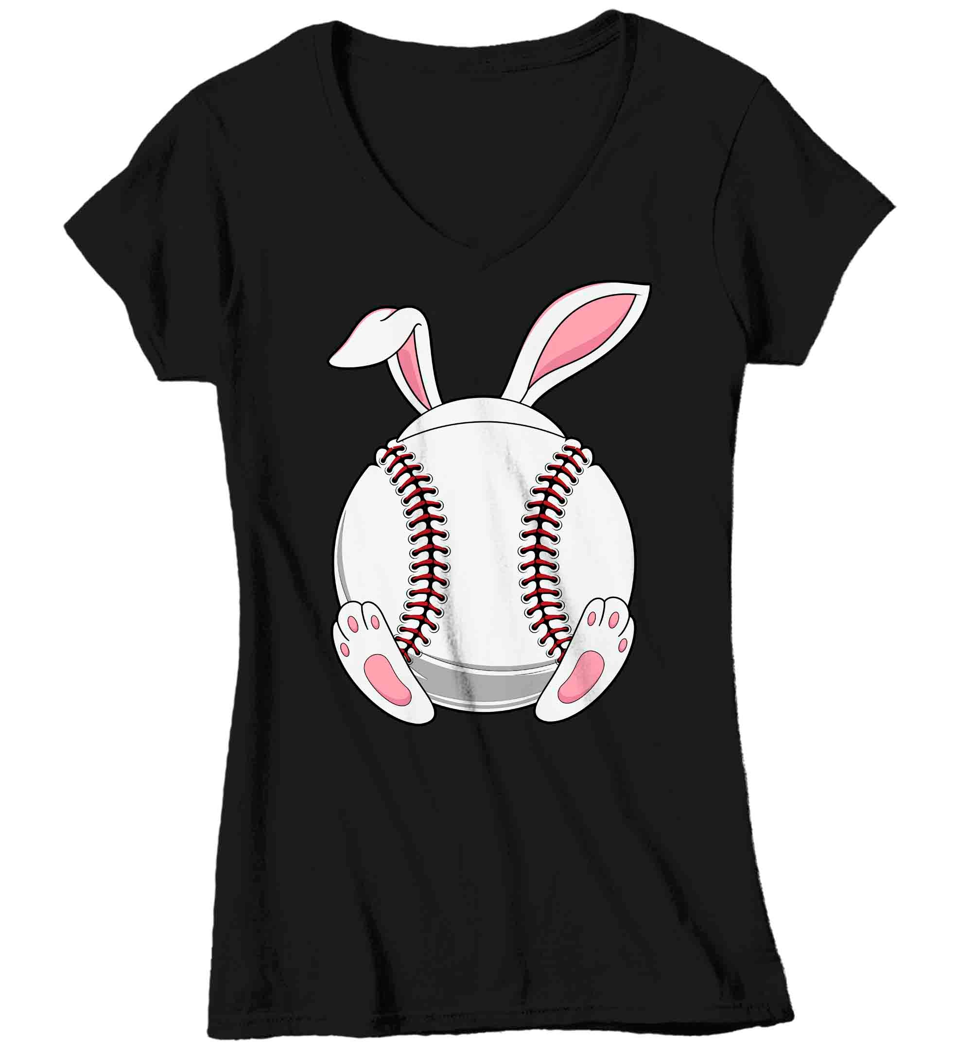 Women’S V-Neck Funny Easter T Shirt Baseball Bunny Shirt Rabbit Ears Feet Baseball Coach Gym Teacher Tshirt Gift Easter Tee Ladies Woman