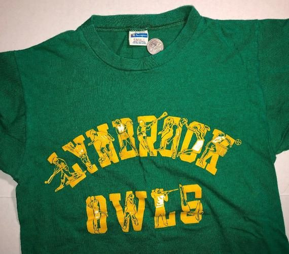 1970S Vintage Champion 70S Shirtmens Small Lynbrook Owls High School New York Green Long Island Ny Li Yellow Graphic Athletic Sports Shirt