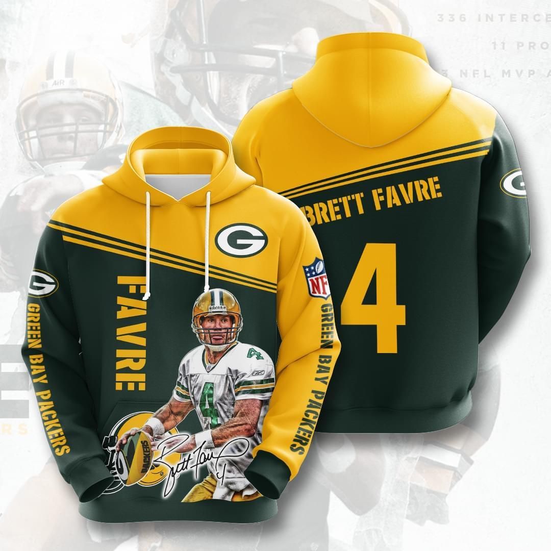 Green Bay Packers Number 4 Brett Favre Signature Unisex 3D Zip up Hoodie Jacket T-shirt