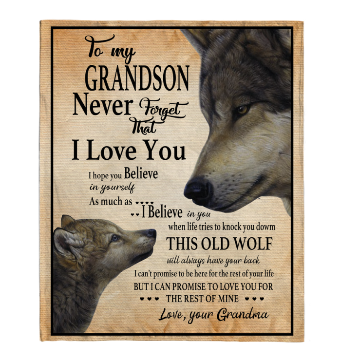 To My Grandson Fleece Blanket, Personalized Birthday Gift For Grandson From Grandma Blanket, Never Forget That I Love You Wolf Blanket