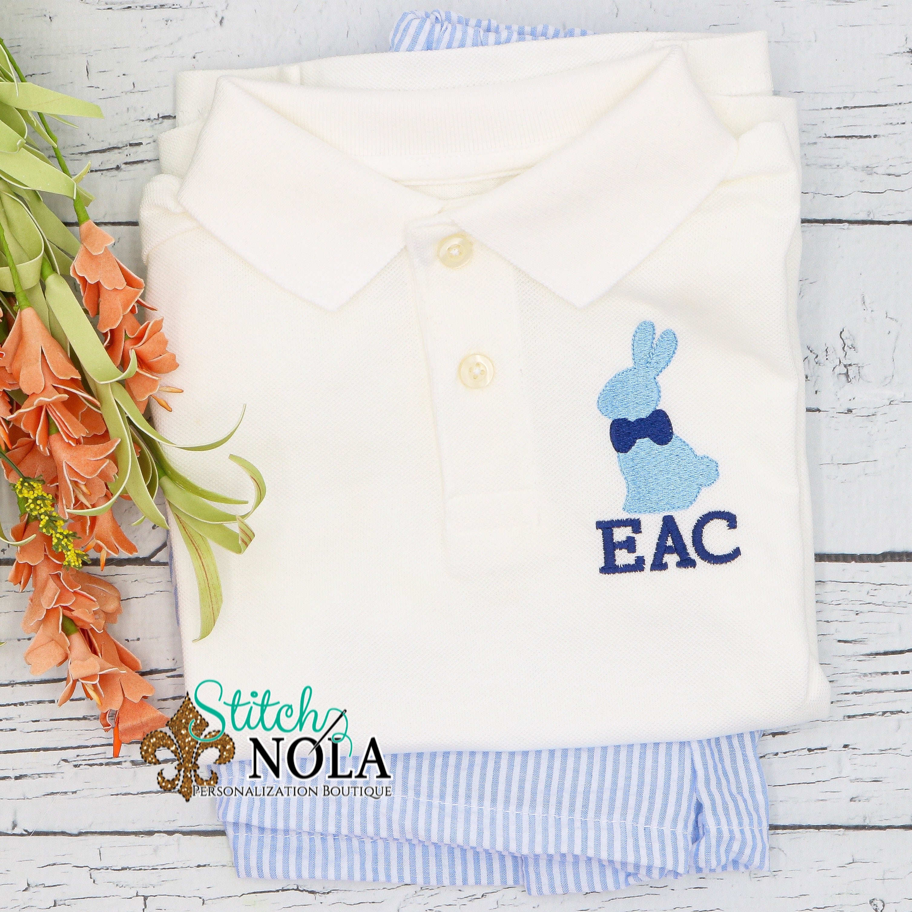 Personalized Easter Bunny With Bow Tie Collared Shirt