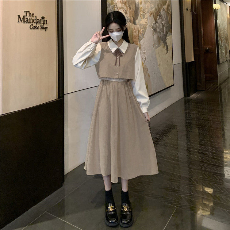 2022 Spring and Autumn Long Sleeved Dress Women’s Dress New French Retro Temperament Waist Skirt Fashion Casual Two-piece Dress alx