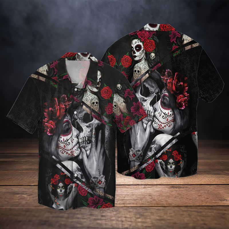 Roses Skull Romance Couple For Men And Women Graphic Print Short Sleeve Hawaii Casual Shirt Ha65320