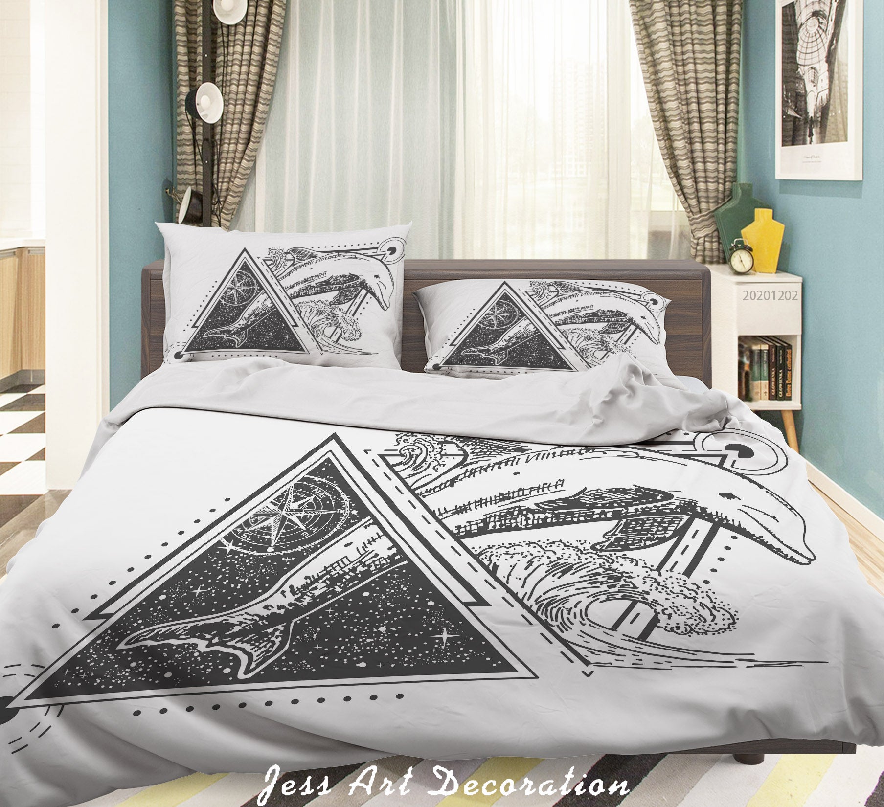 3D Hand Drawn Sea Waved Dolphin Geometric Triangle Star Quilt Cover Set Bedding Set Duvet Cover Pillowcases Lxl