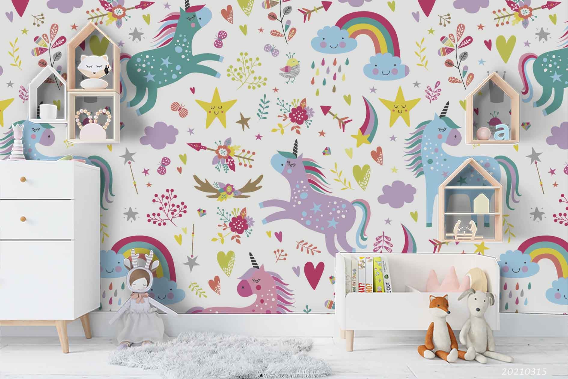 3D Cartoon Animal Unicorn Rainbow Star Wall Mural Wallpaper Lqh 355