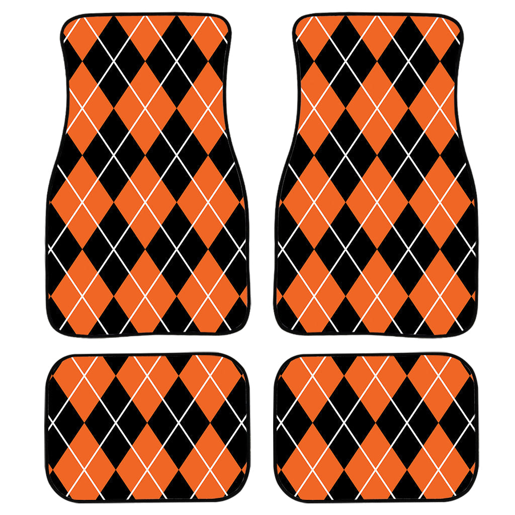 Orange And Black Argyle Print Front And Back Car Floor Mats, Front Car Mat