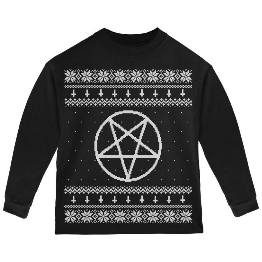 White Satanic Pentagram Ugly Christmas Sweater Black Toddler Long Sleeve T-Shirt