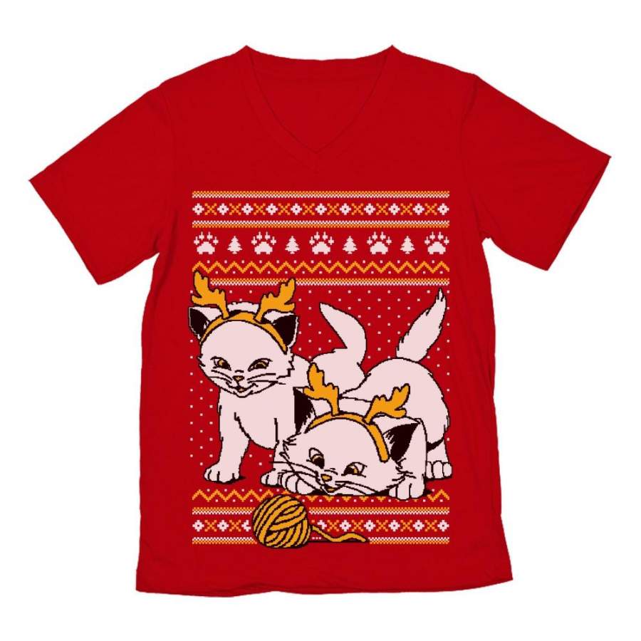 Cats with Reindeer Antler Headband Ugly Christmas V-Neck T-Shirt