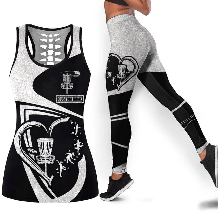Peace Love Disc Golf Heart Custom Name Hollow Tank Top – Leggings 3D