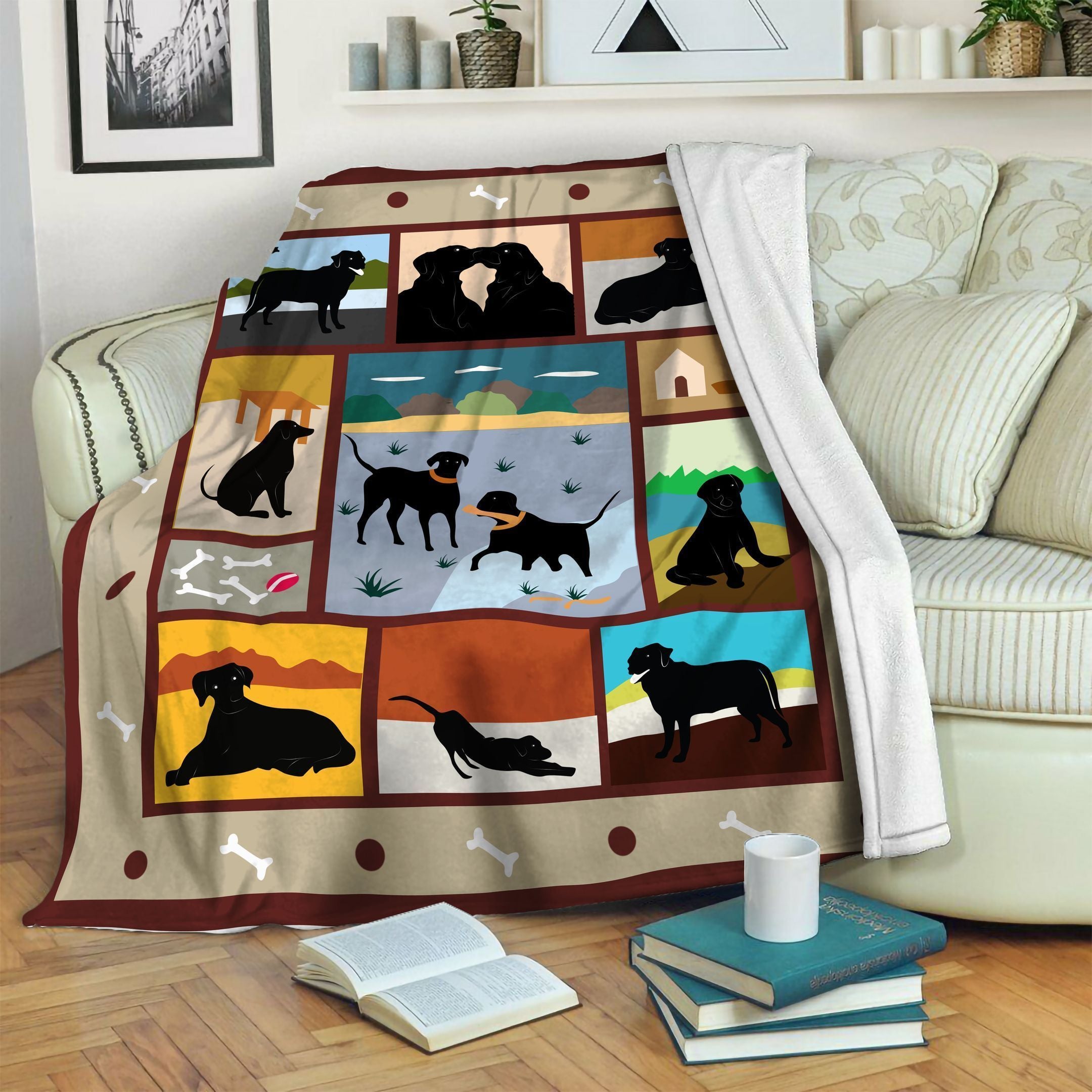 Black Cartoon Labrador With Bone Fleece Blanket, Sherpa Blanket, Gift For Aunt Gift For Parent, Family Member, Friends Gift, Christmas Gift, Home Decor, Home Living